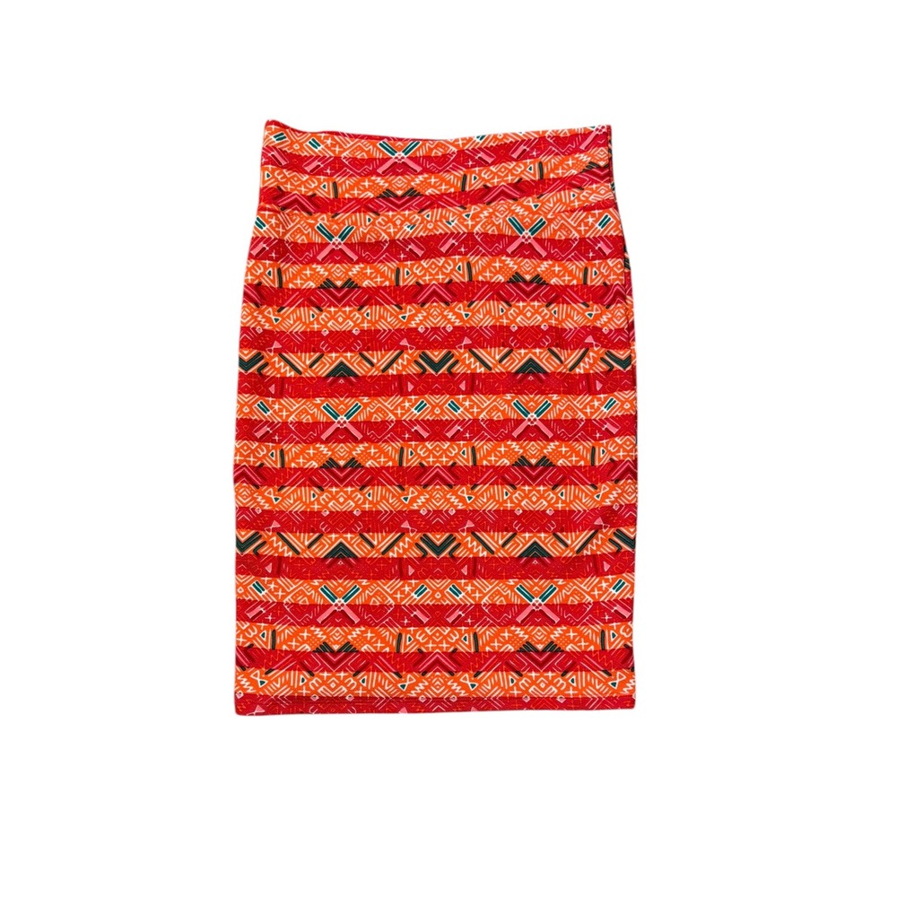 LuLaRoe Cassie Pencil Skirt Medium Orange Red Geometric Tribal Print NWT